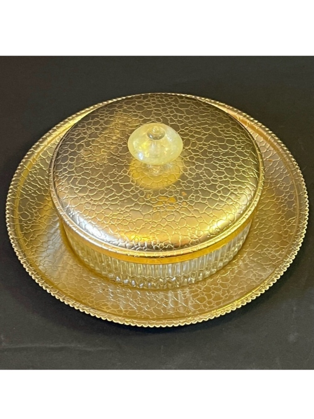 Art Deco Vanity Powder Trinket Jar Gold Textured Lid Tray Ribbed Vintage Handle